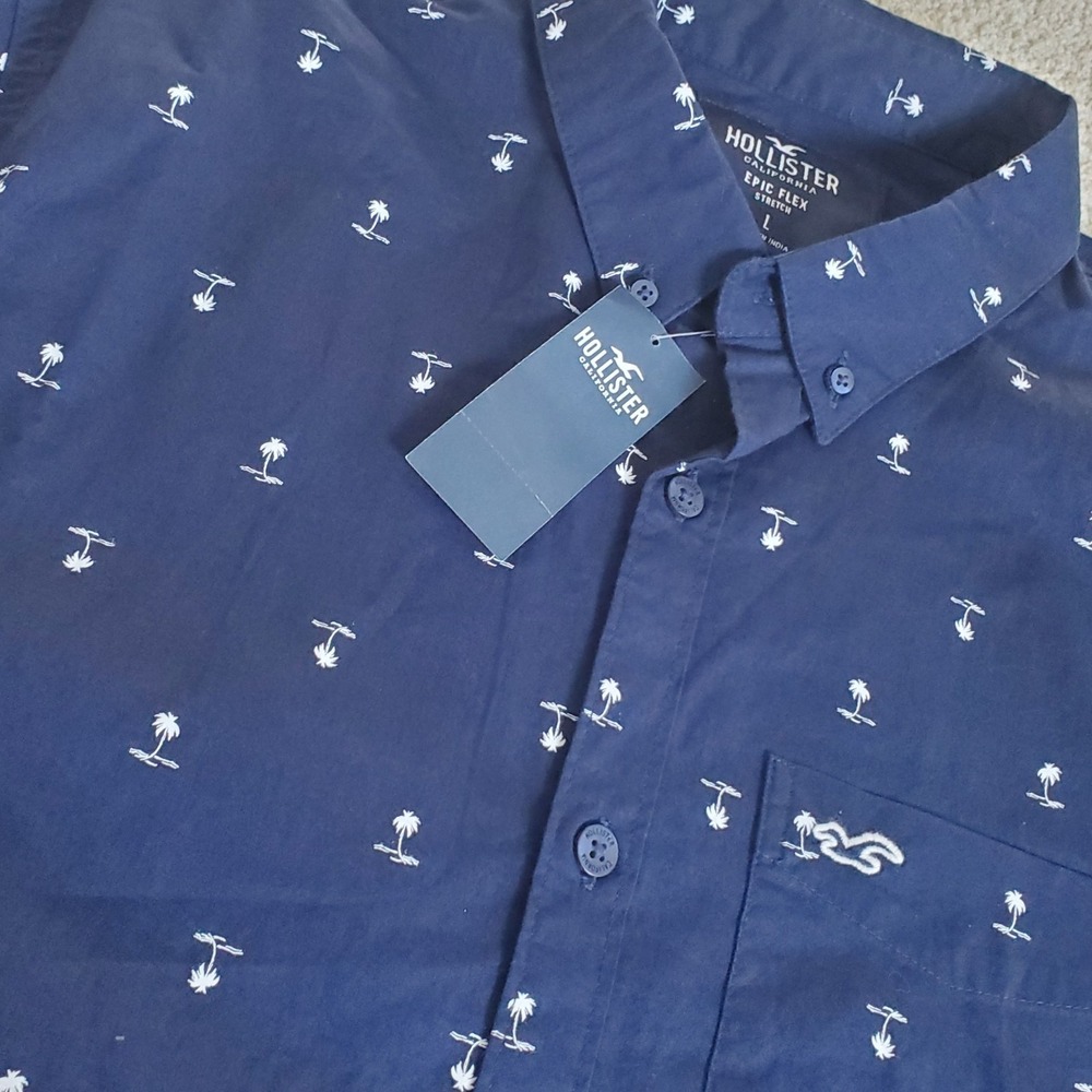 Hollister Men's Button Up Shirt Size L Navy With‎ Palm Trees Short Sleeve NWTG